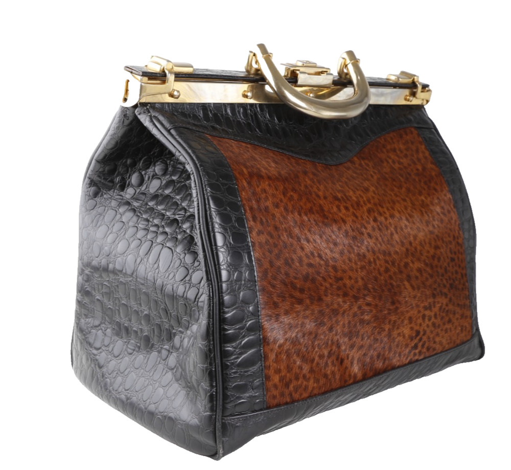 Rare Vintage L’ior Structured Doctor Frame Bag Croc Embossed Leather Calf Hair